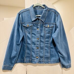 Blue Denim Jacket Button Front Chest Pockets Lightweight Classic Cotton Blend